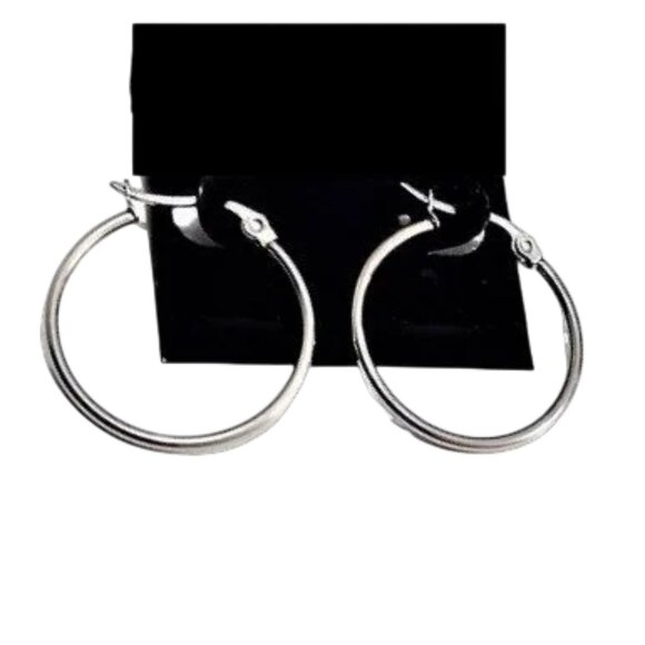 1 Inch 25mm Thin Hoop Pierced Post Earrings Silver Tone - Picture 4 of 5